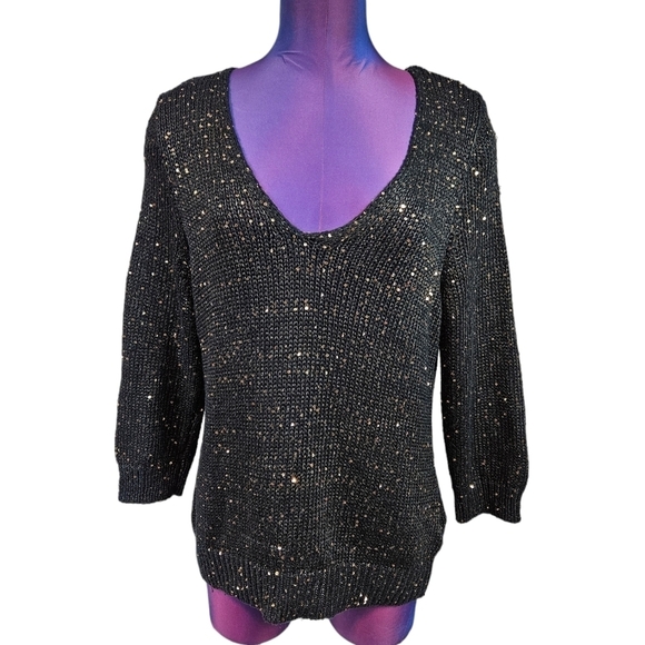 Chaps Black & Gold Sequin V-Neck Pullover Sweater Size Large Women's C21‎ - Picture 1 of 8